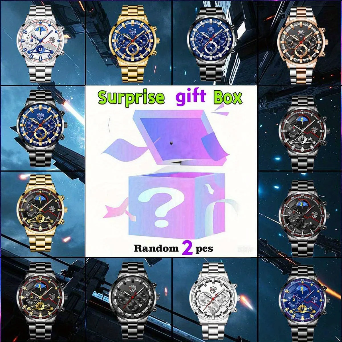 Mystery Box Random 2pieces Men's Fashion Round Quartz Male Watch Suitable for Daily Casual Wear Valentine's Day Ideal Gift