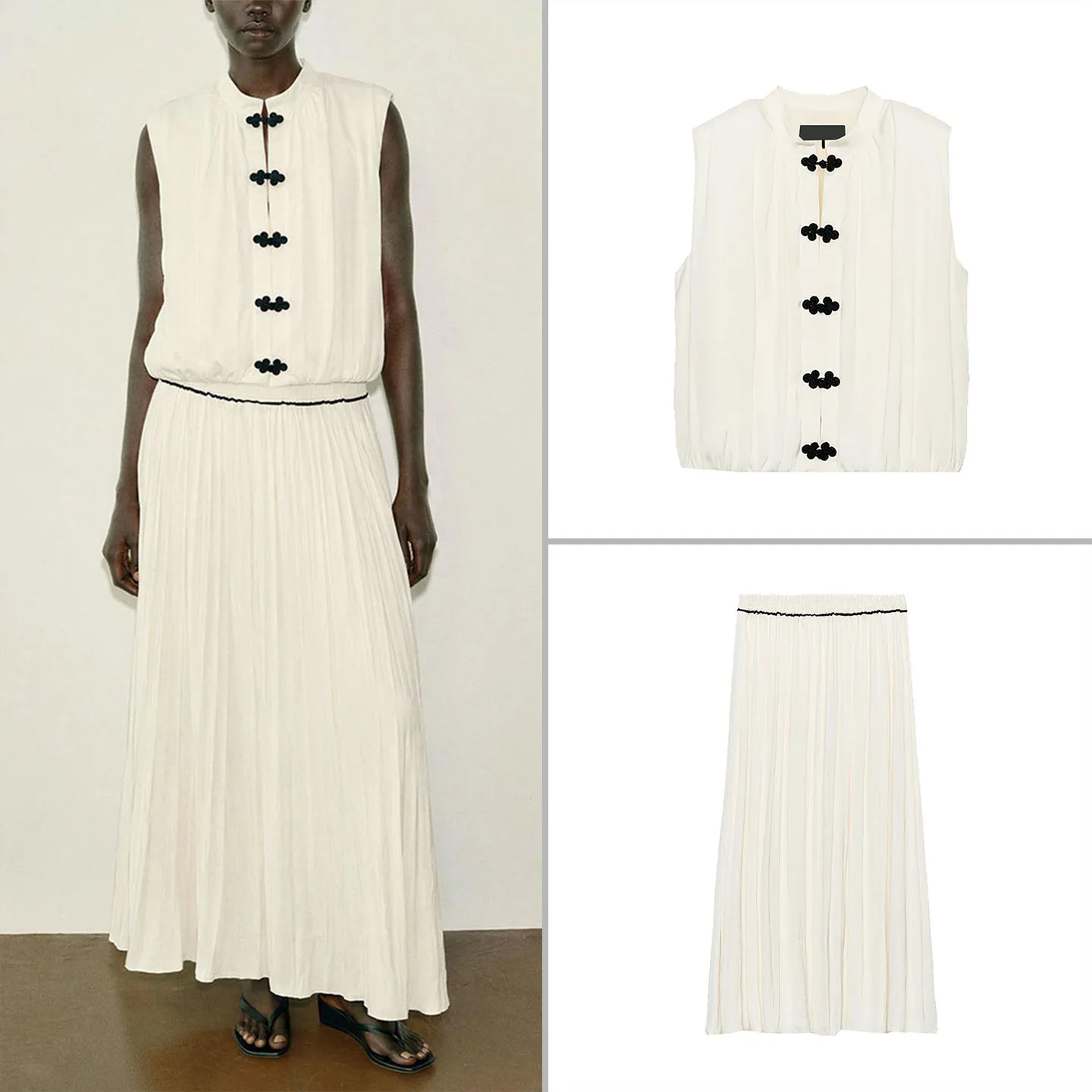 Women's round Neck Rope Knot Top Elastic Waist Color Block Midi Skirt Two Piece Set Fashionable Autumn Outfit Zadata Brand