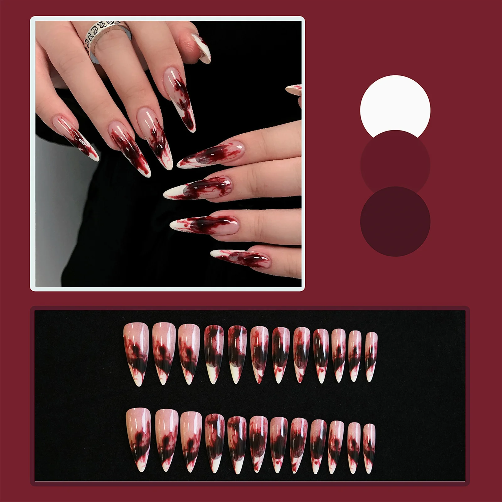 24 pezzi semplici Halloween punta per unghie finte sangue stile francese bordo bianco lungo stampa di mandorle sulle unghie unghie finte indossabili per feste creative