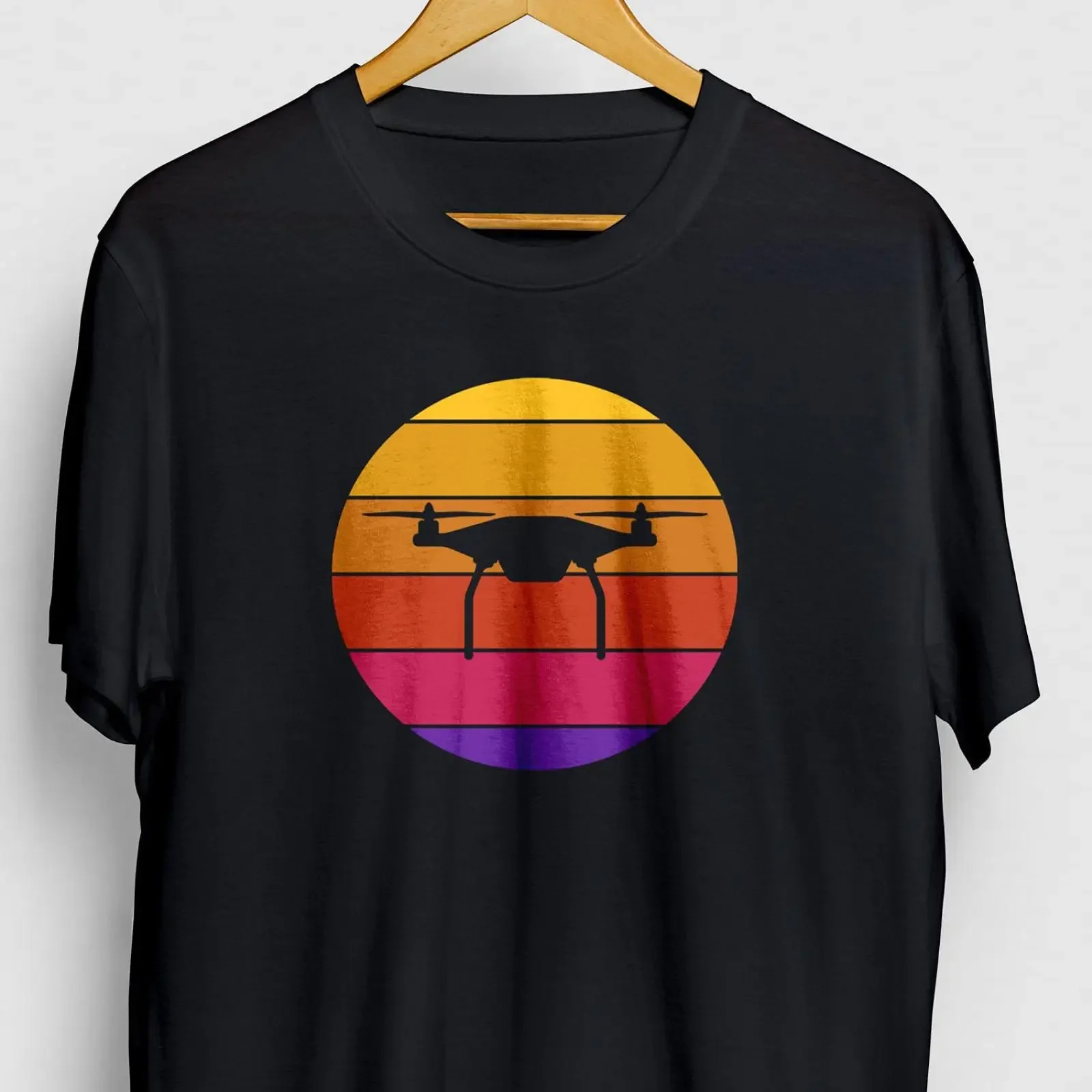 Retro 80s Sunset Drone Pilot T Shirt Aerial Photography Quadcopter Lover Casual  vintage Washed Top For Everyday Wear Soft