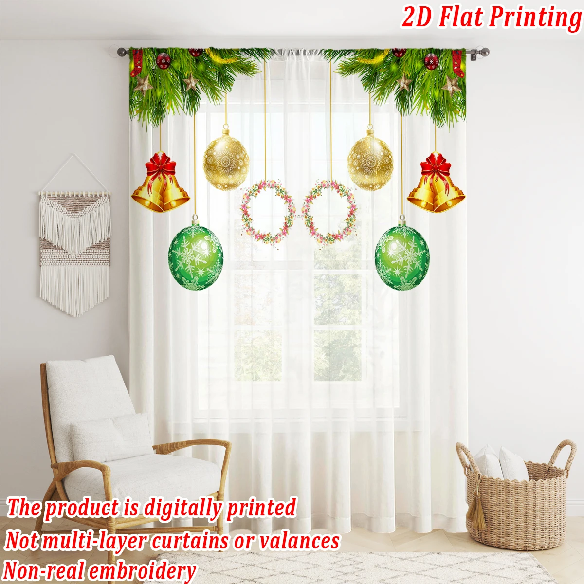 Christmas Flat Printing Sheer Curtain with Christmas Ball Garland Bell Pine Branches for Living Room Bedroom Decor Holiday Party