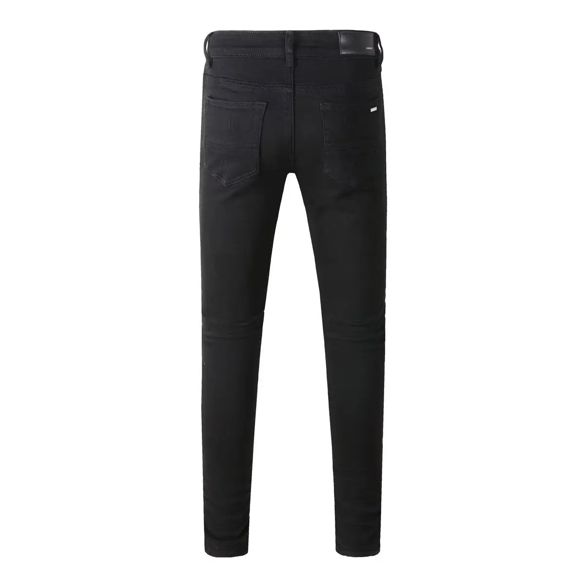 AMR Men's Slim Fit Denim Jeans Black Patchwork Leather Tear Hole Elastic Casual Straight Leg Trousers Fashion Street Style