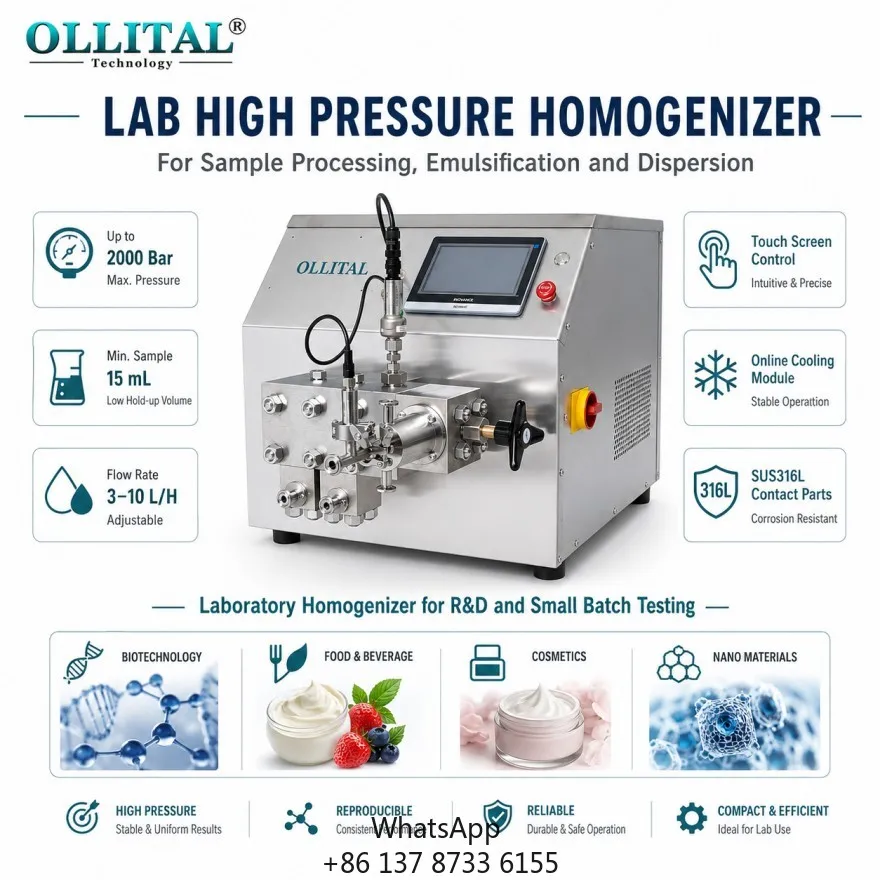 Ollital 2000 Bar High Pressure Homogenizer For Laboratory Nano Dispersion And Small Sample Processing