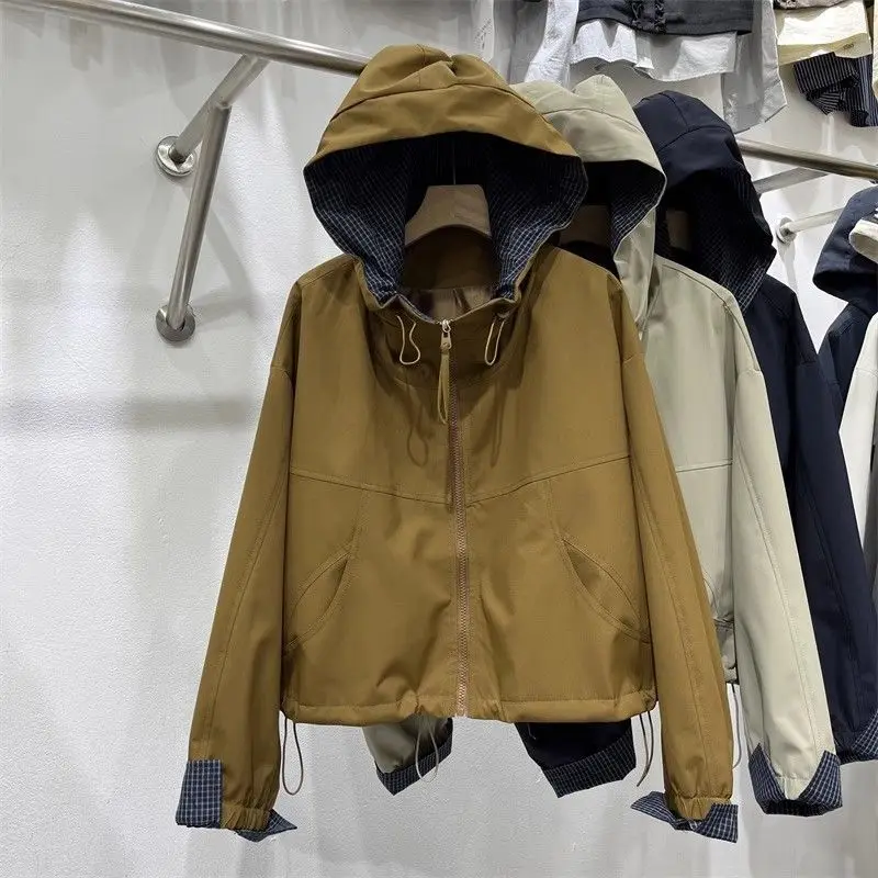 

Женская куртка с капюшоном на двойной молнии, весна-осень 2021, новая короткая куртка, повседневный топ с цветными блоками