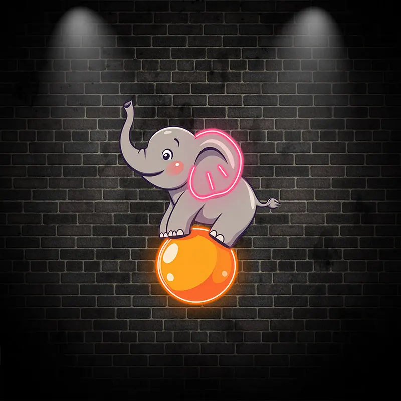 Toysign Custom Neon Sign, Circus Elephant Balancing on Neon Ball - Whimsical LED Poster for Kids Rooms or Playroom Wall Art