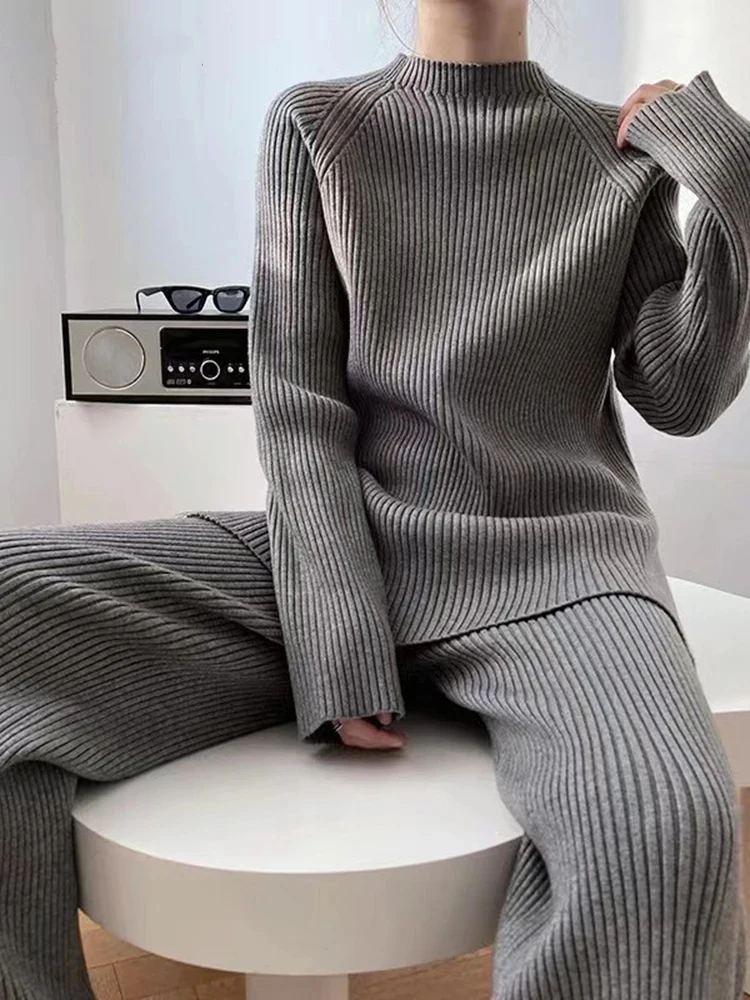 New Women\'s Elegant Solid O-Neck Knitted Sweater Suit Winter Korean Fashion Leisure 2 Piece Homewear with Wide Pants