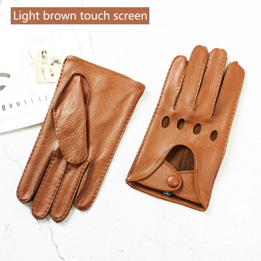 Men's Thin Single Sheepskin Fashion New Locomotive Spring And Summer Autumn Driving Full Finger Genuine Leather Gloves