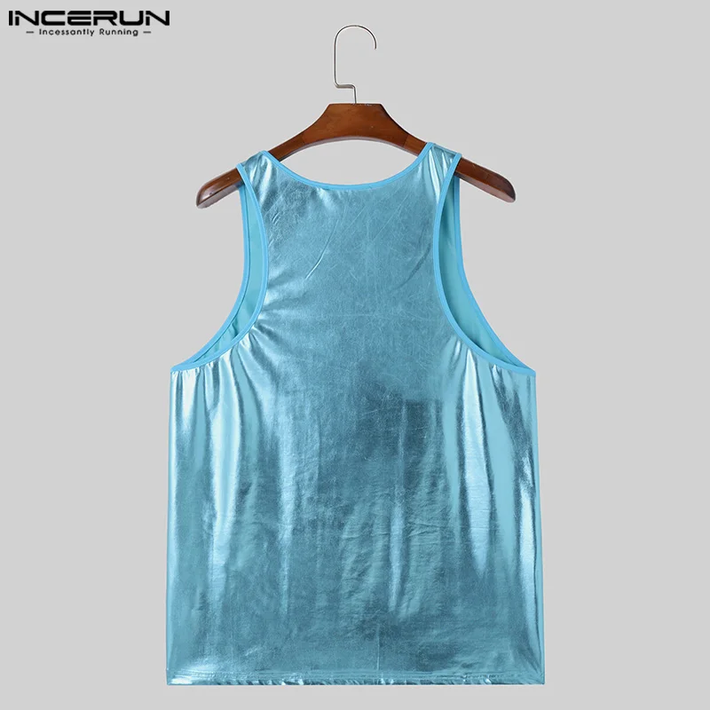 2024 Men\'s Tank Tops Shiny Solid Color O-neck Sleeveless Summer Male Vests Streetwear Party Fashion Men Clothing S-5XL INCERUN