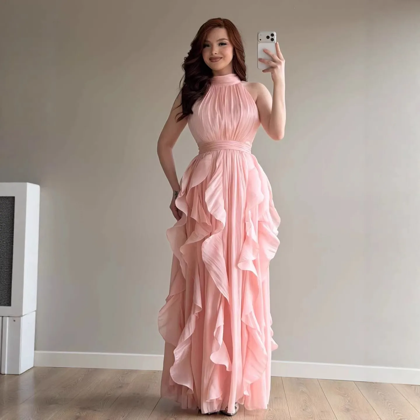 Women's Sleeveless Halter Neck High Waist Pleated A-Line Long Dress for Wedding Guest Summer Elegant Party Wedding Party