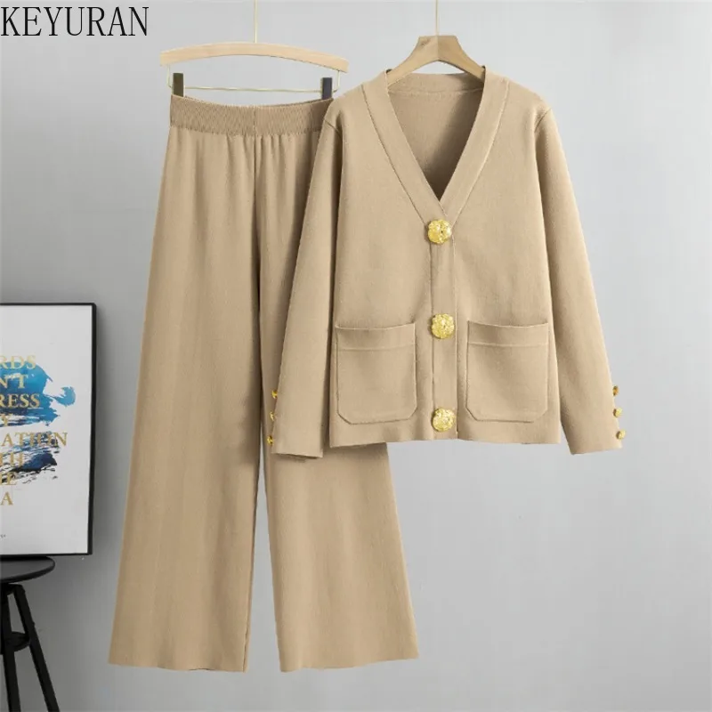 2024 Autumn Winter Knitted Set Women Casual Gold Button V-Neck Long Sleeve Sweater Cardigan Coat + Wide Leg Pants Two Piece Sets