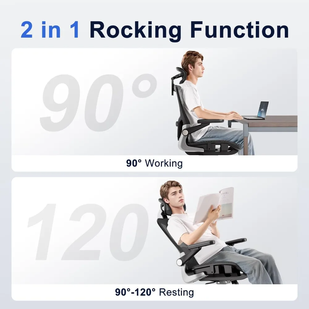 Ergonomic Office Chair，Mesh Seat Cushion with 3D Armrests and 3D Headrest, Adjustable Lumbar Support with Rocking Function, SGS