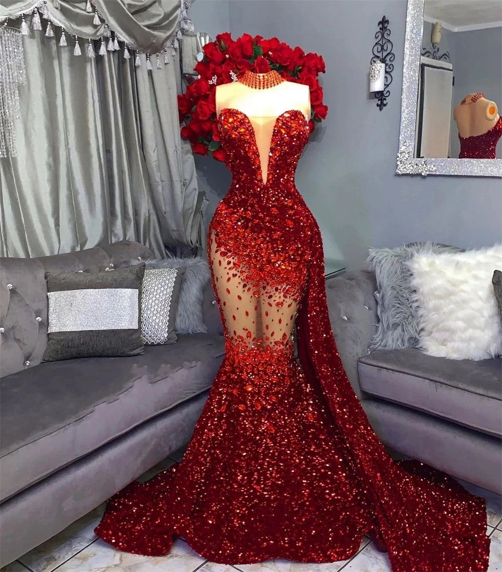 Sparkly Red Sequins African Evening Dresses Crystal Illusion Beaded Prom Dresses Aso Ebi Style Handmade Robes De Bal