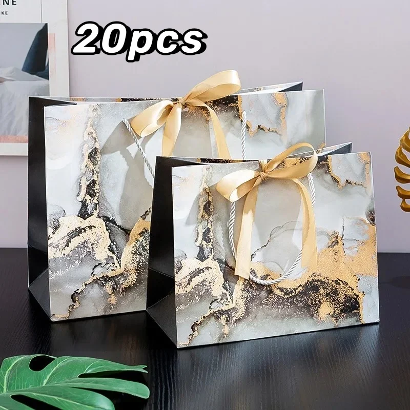 1-20PCS Gift Bags New Marbled Gift Bags INS Fashion Tote Bag with Ribbon Packaging Bag Clothing Paper Shopping Bags Candy Bags