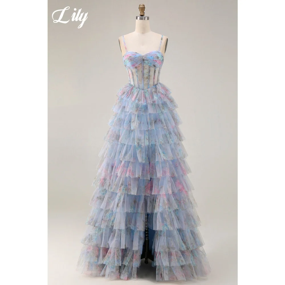 

Lily Sky Blue And Pink Prom Dress FLoral Print Spaghetti Strap Evening Dress Tiered A-Line And High Split Party Dress Customized