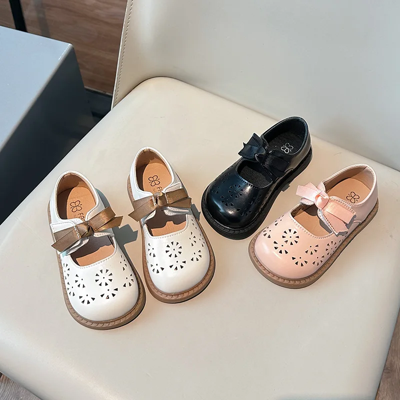 Spring Autumn New Girl's Shoes Hollow-out Princess Versatile Children Leather Shoes with Bowknot Elegant Causal Kids Flat Shoes