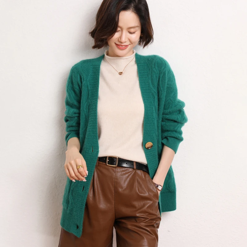 Autumn and Winter  New Women's V-neck Mid length Cashmere Cardigan Thickened Loose Coat Knitted Top Sweater