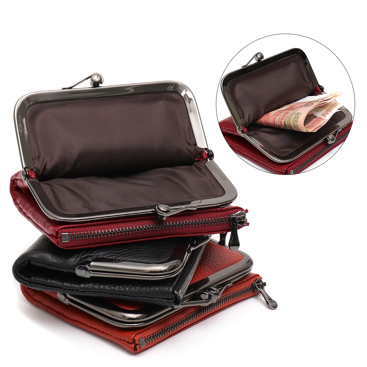 SC Women Fashion Genuine Leather Bifold Short Wallet Luxury Kiss Lock Multi Slots Card Holders Cash Coin Purse Portable Daily ﻿