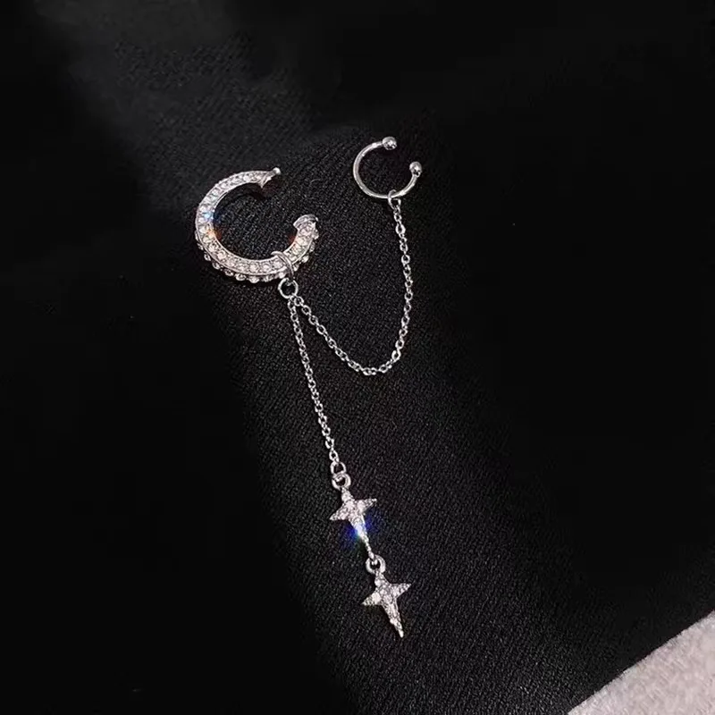 1PCS Shiny Crystal Long Tassel Star Clip Earring for Women Charm Fake Piercing Ear Cuff Dangle Earring Jewelry Gift