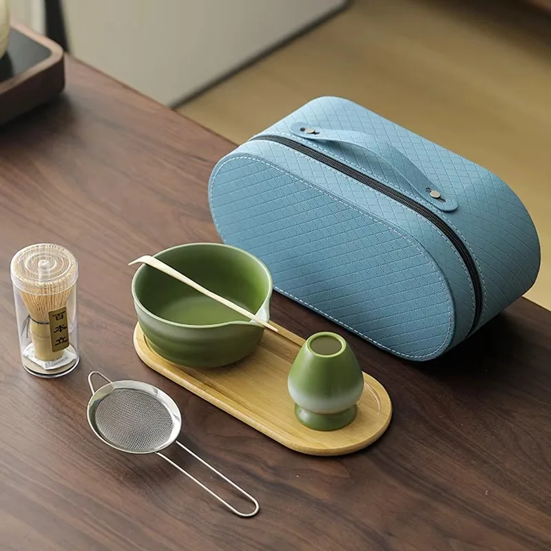 Custom logo crossover ceramic matcha tea set, outdoor travel portable bag, bamboo tea pot