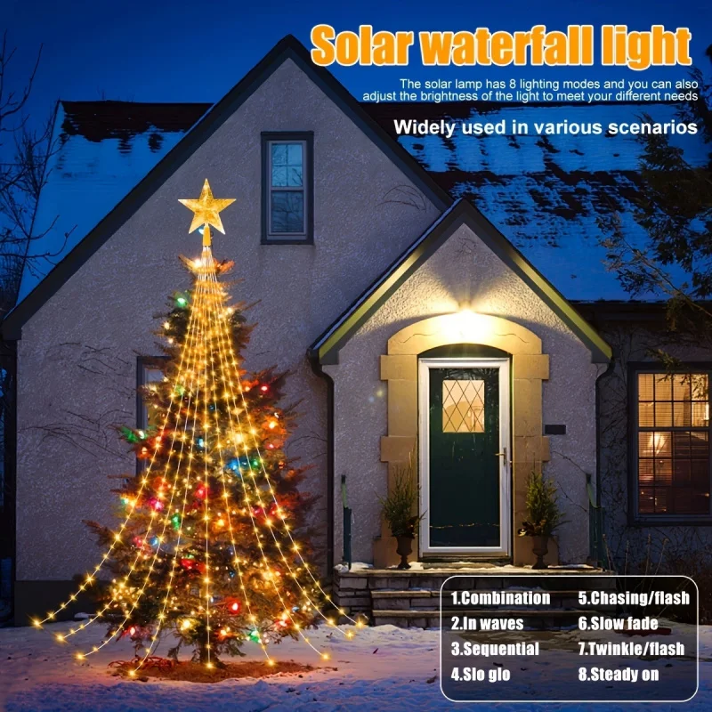Christmas LED String Lights Outdoor Solar-Powered Waterfall Lights Tent Canopy Light Strings Decorative Hanging Lights.