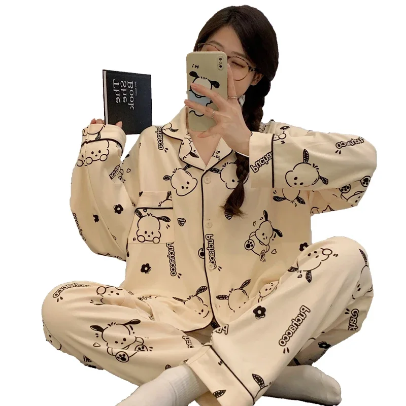 New Sanrio Cartoon Animation Character Pochacco Pajamas Girls Kawaii Fashion Casual Long Sleeves Long Pants Home Clothing Gift