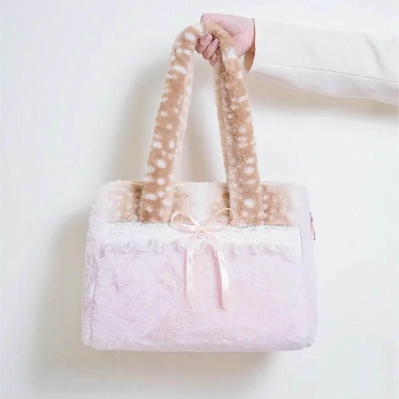 

Sweet Cute Plush Bow Tote Bag Women Ballet Style Lace Color Block Large Capacity Shoulder Bags Ladies Harajuku Versatile Handbag