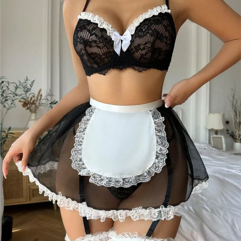 Meidkostuum Lingerie Kanten beugelbeha Pure mesh rok 3-delige push-up voor ronde vrouwen Valentijnscadeau