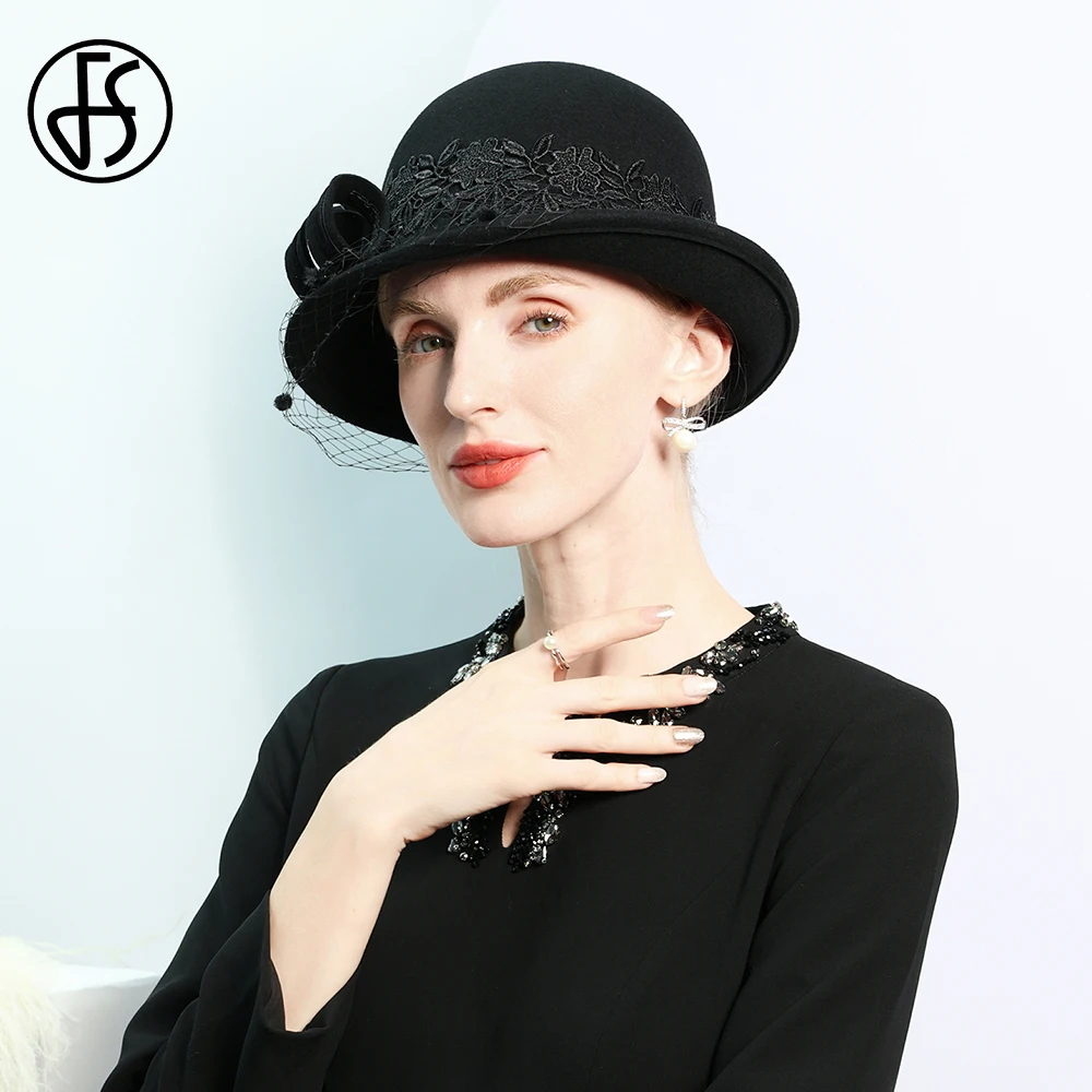 FS Elegant Bowler Hats For Women Winter Wool Felt Fedoras With Veil Lace Flower Church Wedding Formal Dress Cap Female