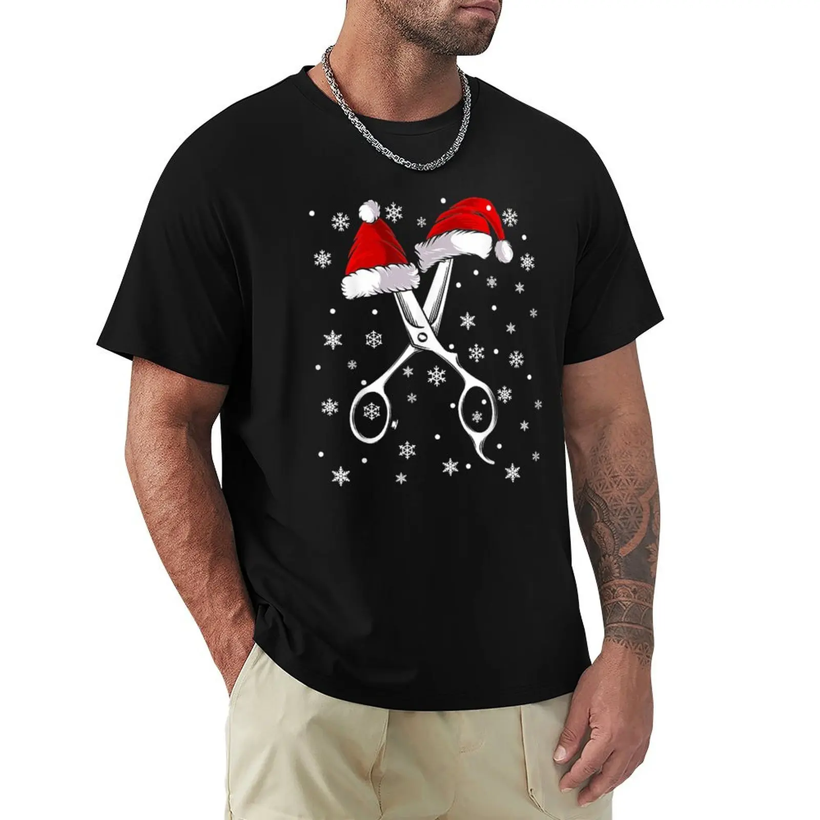 Barber Scissor Santa Hat Funny Barbershop Christmas Matching T-Shirt sweat plus sizes Men's t-shirts