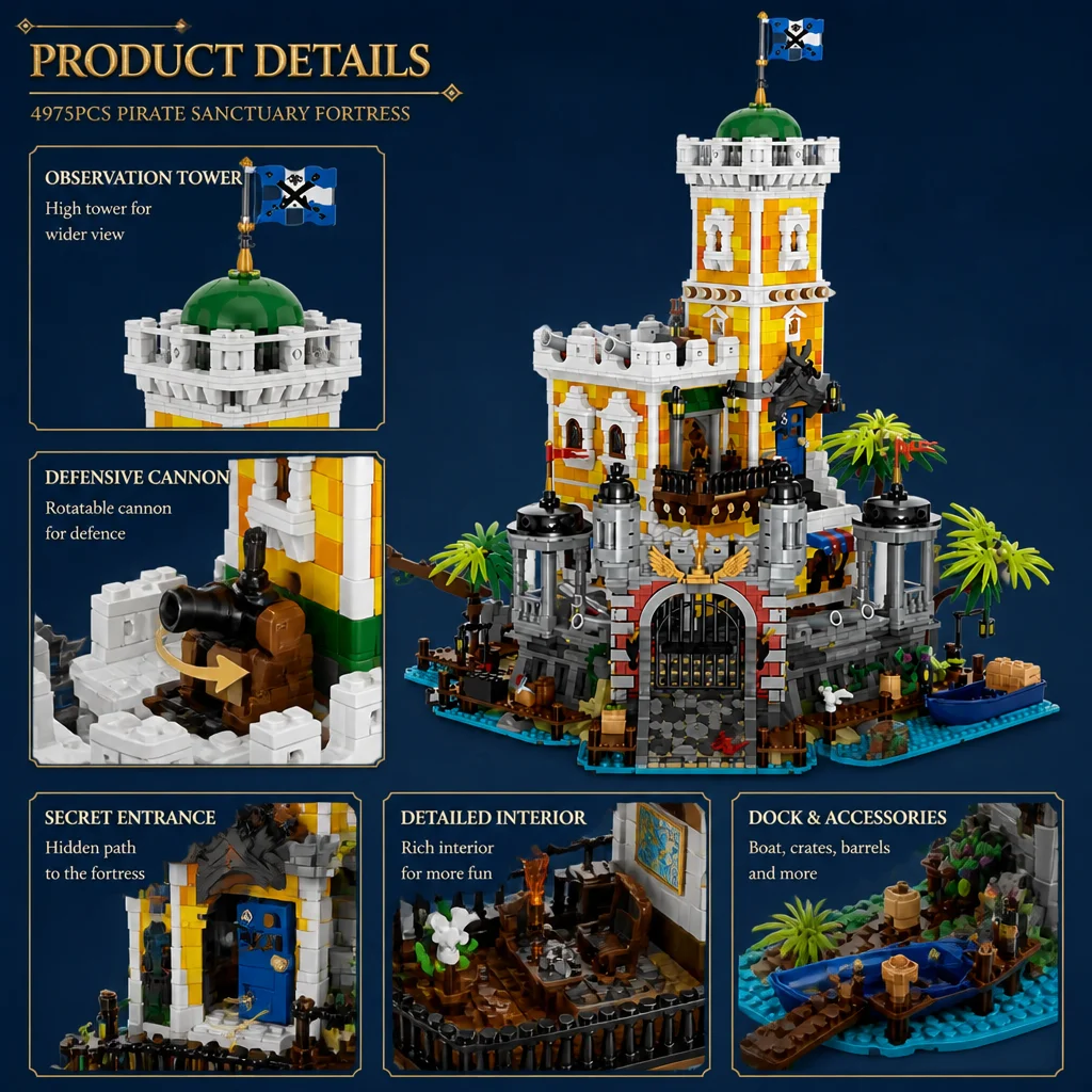 Pirate Harbour Medieval Castle Lighting Building Blocks Retro Street View Modular Assembly Model Bricks Collectible Creative Adult Gift 4975PCS