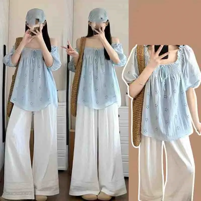 Creative Pregnant Women's Clothing Set Summer Dress 2025 New Maternity Short Sleeve Lace Embroidered Pants 2-piece Set LI200 - view 3