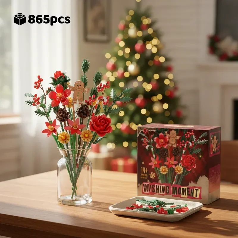 

Creative Holiday Building Blocks 865Pcs Bouquet Roses Gingerbread Man Desktop Decor DIY Craft Romantic Gift Christmas Valentine