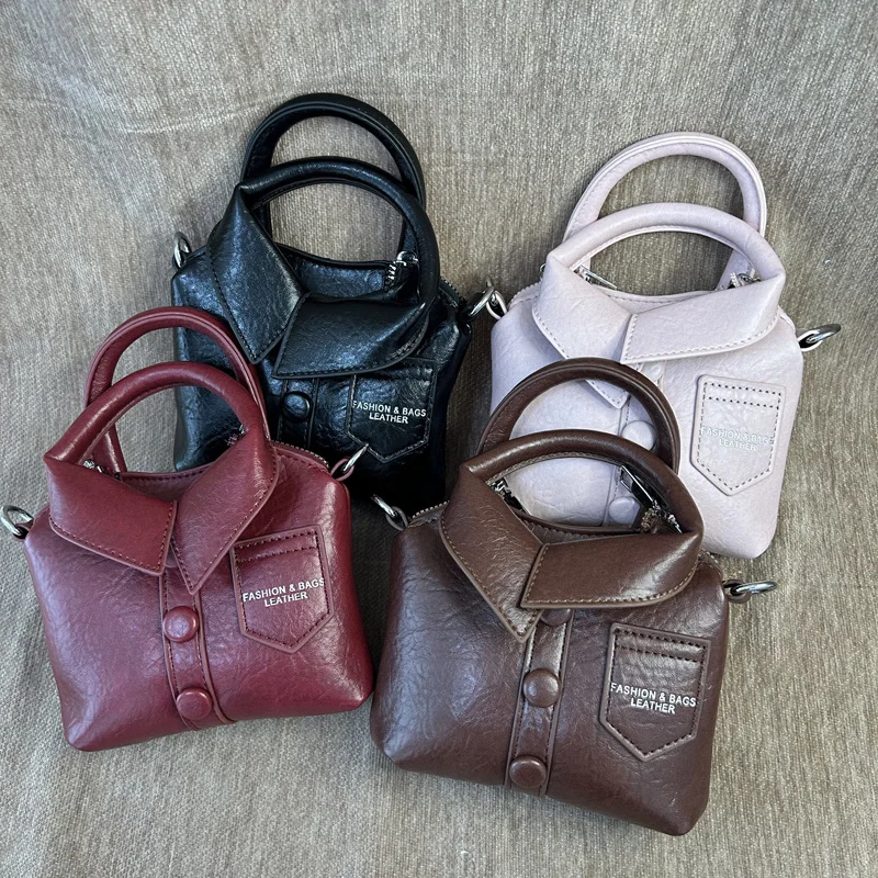 

CLAREGQI Wine Red Shirt Design Mini Bucket Bag Textured Leather Crossbody & Top Handle Purse