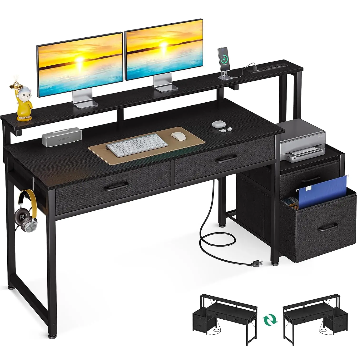 AODK 4-Drawer Desk, 55 Inch Office Desk with Printer Shelf & Power Outlet, Monitor Stand Workstation for Home Office, Black, Cus