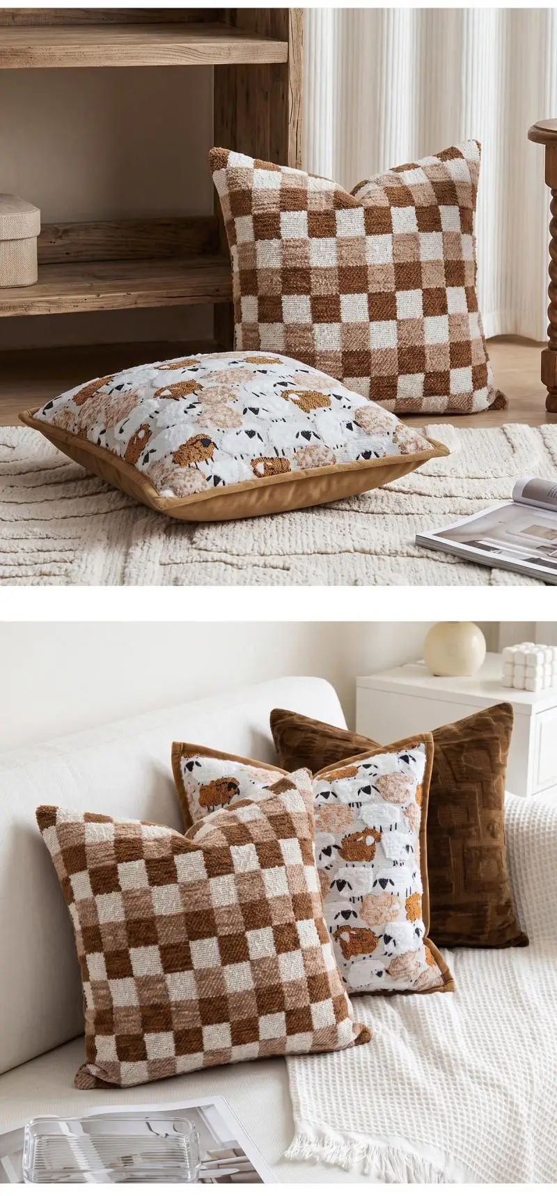 Karamellfarbener Sofakissenbezug, einfarbig, kariert, Jacquard, dekorative Kissenbezüge für das Bett, Kopfteil-Kissenbezüge – Detail 8
