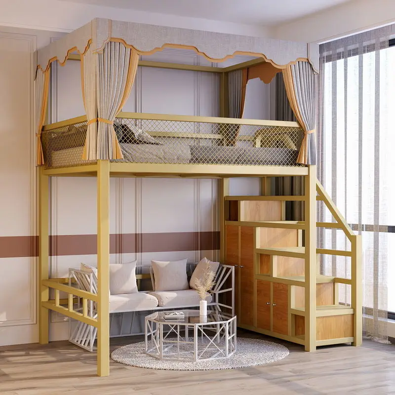 

High and low iron frame bed Elevated Empty ladder cabinet Shelf Household duplex second floor Bed pavilion