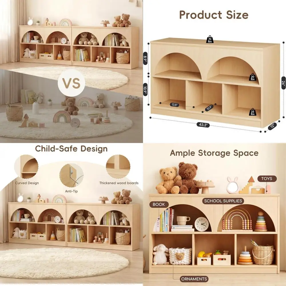 

Набор из 2-х арочных деревянных книжных полок для хранения игрушек и книг, идеально подходит для детских комнат, игровых комнат, яслей (натуральное дерево)