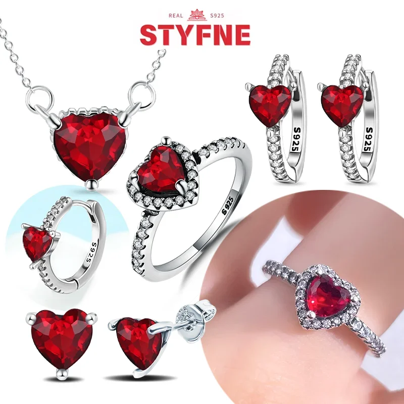 

HOT S925 Silver Love & Red Heart Jewelry Sets Classic Red Earrings Rings Necklace Jewelry Trendy Valentine's Day Gifts for Women