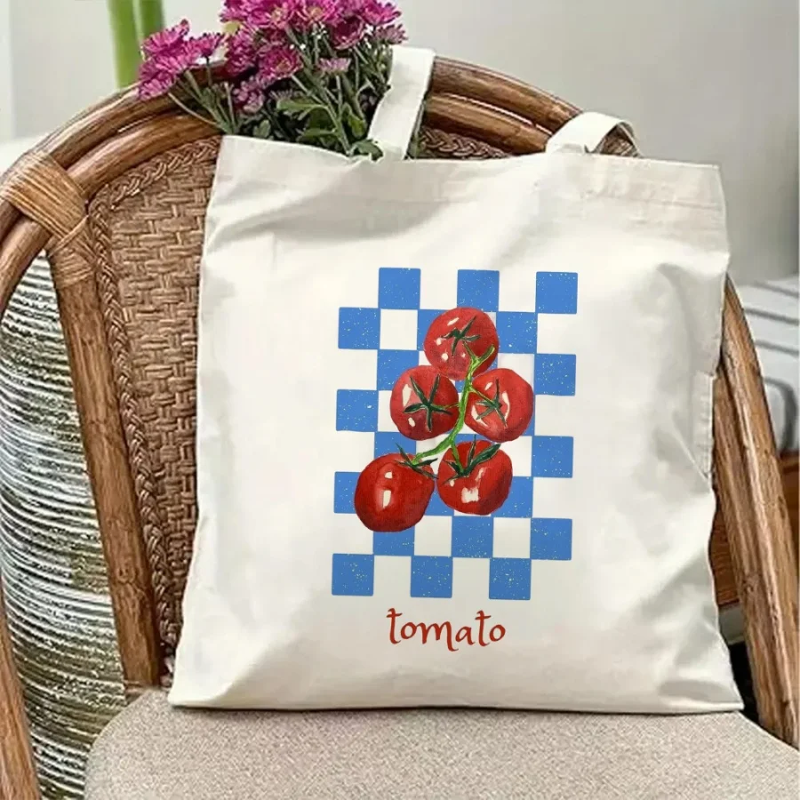 Tomato Graphic Canvas Tote Bag Checkerboard American Retro Vibe Large Capacity Daily Commute Essential For Women Girl Student