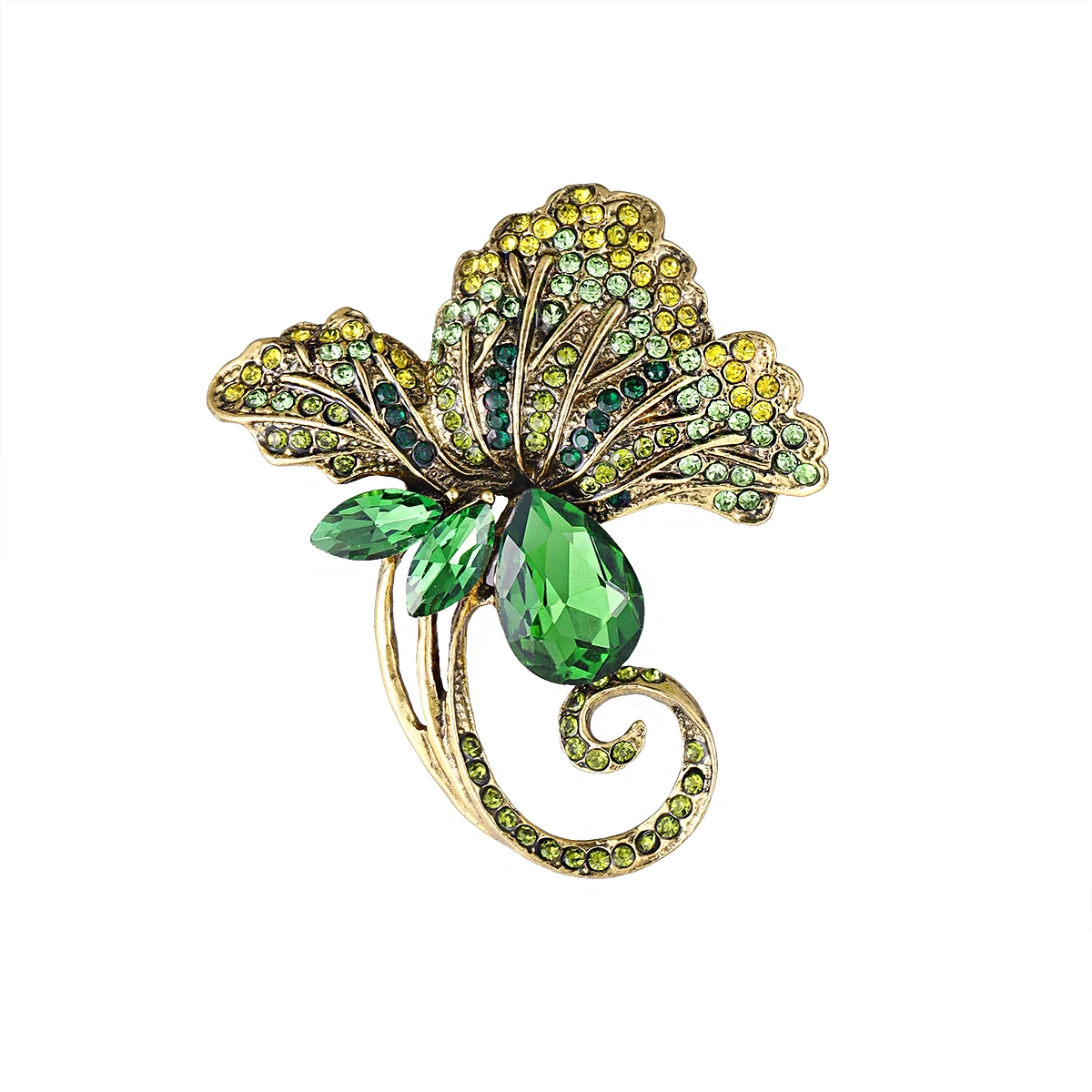 Weiman Vintage Oil Painting Style Gradient Green Diamond Butterfly Brooch Wedding Atmosphere Vine Design Hollow out Flower Pin