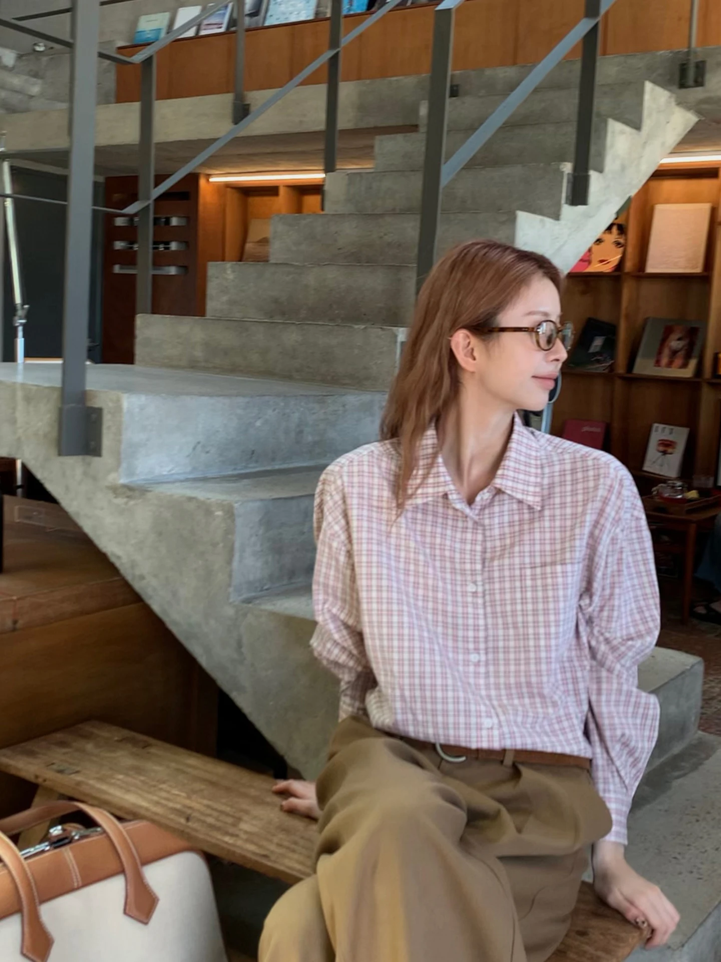 

Розовый клетчатый женский ранняя осень, Новое поступление, маленький столичный хлопковый длинный воротник-свеч, миди-ильт, для поездок на работу