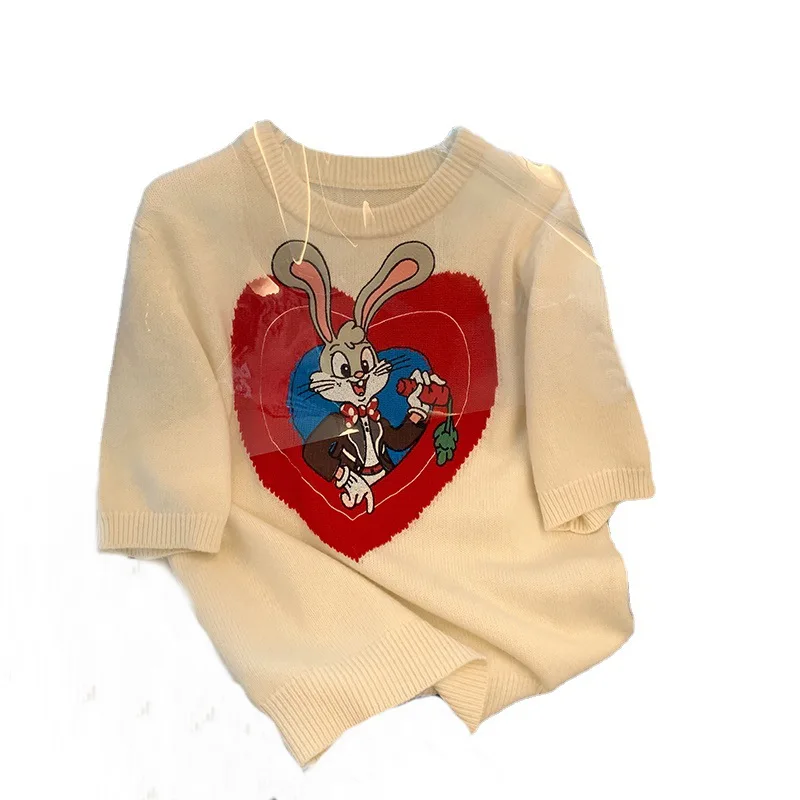 White Rabbit Love Letter Knit T-shirt Women\'s Short Sleeve Sweater Summer 2024 New Casual Loose Knitwear Crop Top Y2k T Shirts