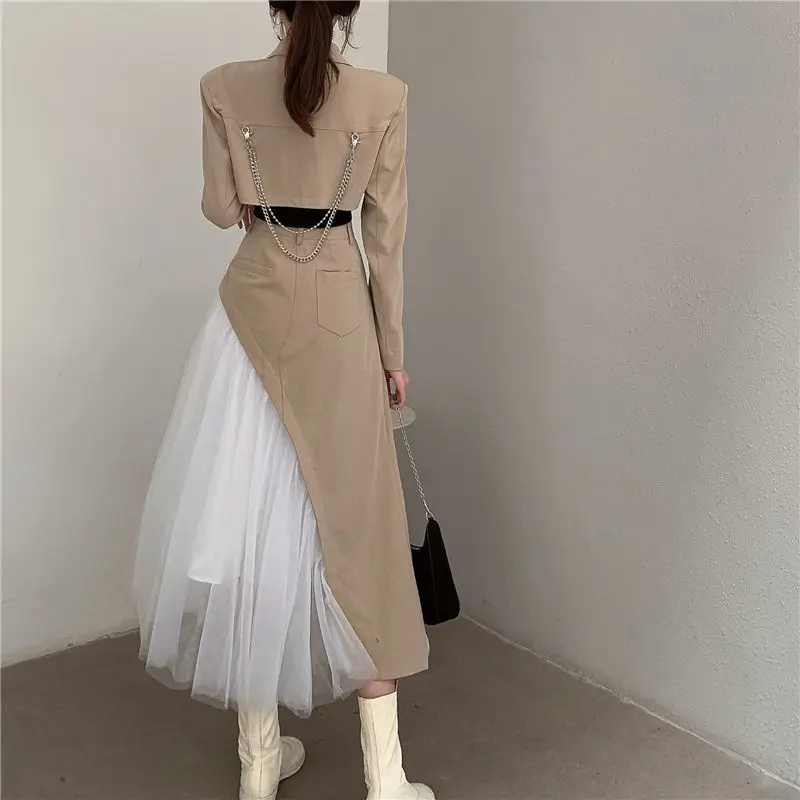 Conjunto de dos piezas para mujer, chaqueta de traje corto, falda de malla de cintura alta, ropa de trabajo, Otoño, nuevo, 2024