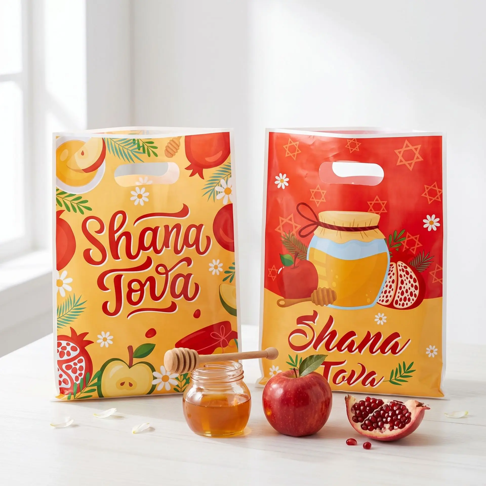 100pcs Shana Tova Goodie Bags Rosh Hashanah Plastic Gift Bag Pomegranate Apple Honey Sweet Treat Pouch Jewish New Year Decor