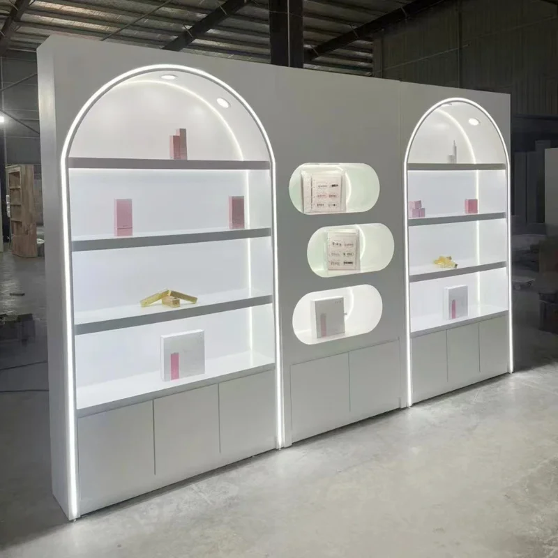 custom.Luxury Wooden & Metal Light Duty Display Stand with LED Lights Customizable Branded Toiletries and Grocery Stores