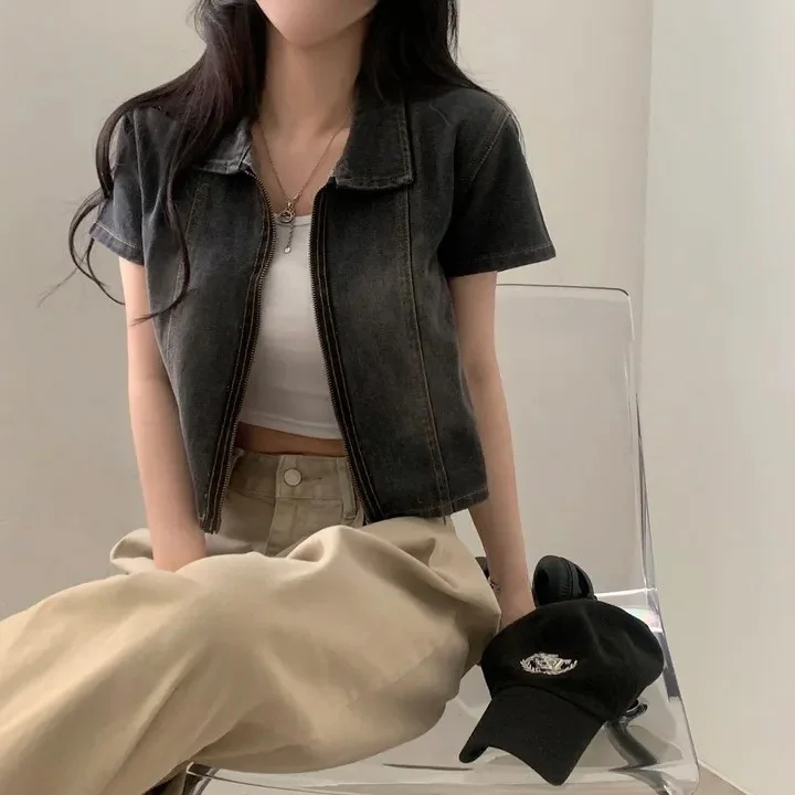 ort Sve Zipper Denim irt Jaet Women's Retro Hong Kong Sle Chic Faion Turn-down Collar Zipper Cardigan Top