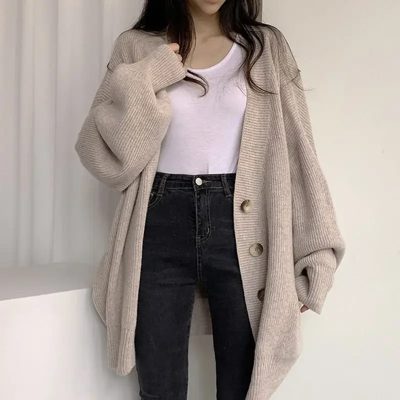 Women Sweater Cardigans Coats Leisure Lantern Sleeve Simple Outwear Baggy Knitting Cardigan Single Breasted Long Outfit Jackets