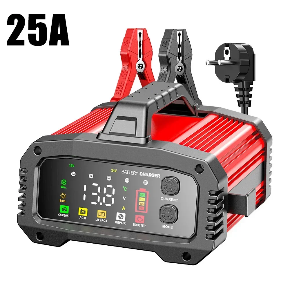 Car 12V/24V Fully Automatic Battery Charger 2-25A Pulse Repair Battery Charger 19.2x16.5x10.2cm Auto Accessories Tool