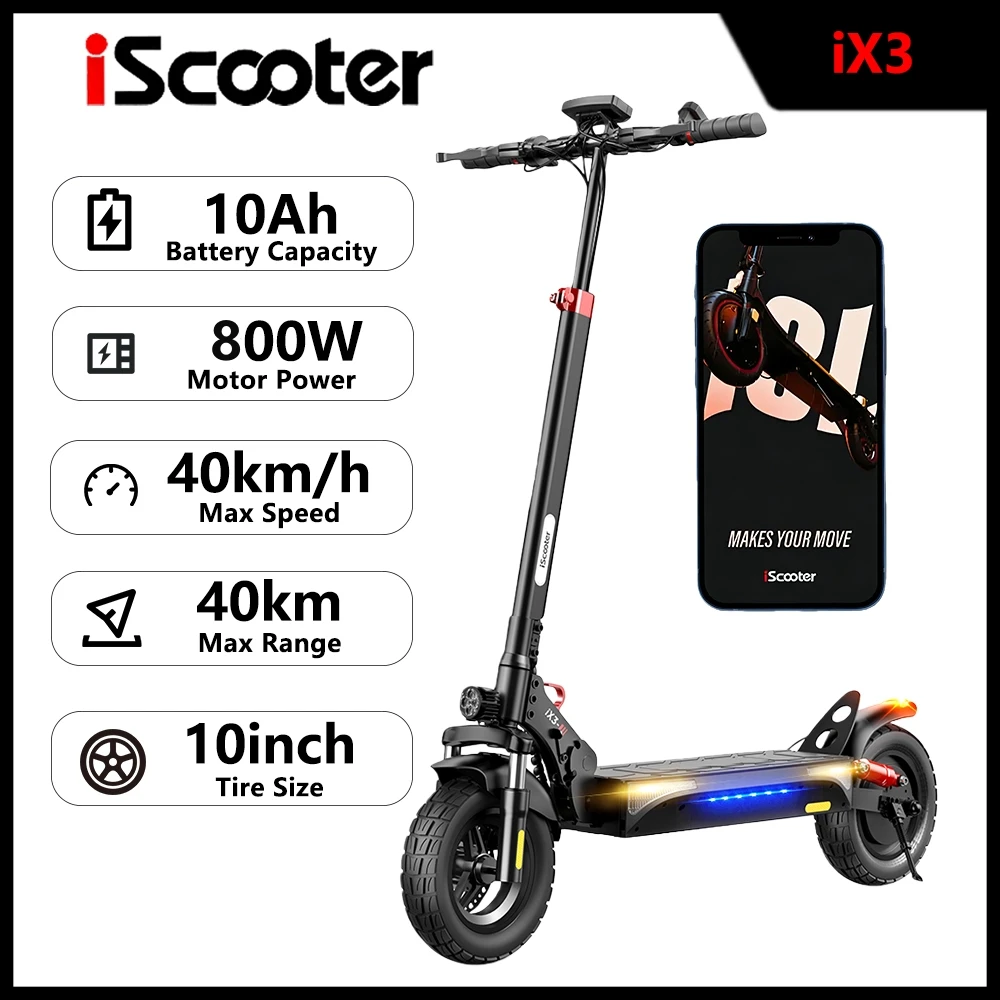 Trottinette électrique iX3 pour adultes, 48V 10Ah 800W, pliable, pneus tout-terrain 10 pouces, vitesse 40 km/h, autonomie 40 km