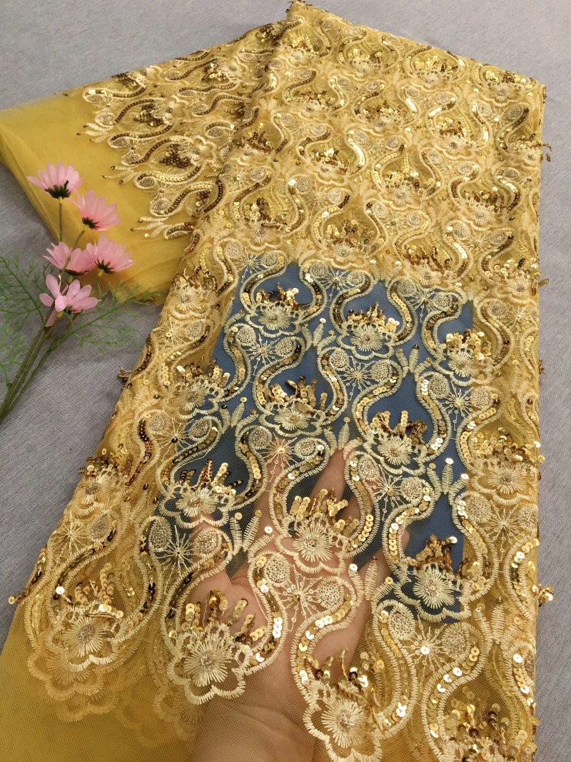 

2026 French Tulle Mesh Lace Fabric Nigerian Tassel Lace Fabric with Sequins High Quality For Women Wedding Dresses ,5yards 4658